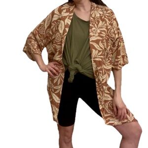 Vacation Swim Suit Cover up Open Front Women Kimono Brown Floral One Size